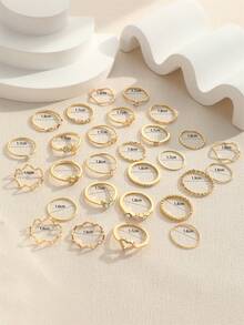 28PCS INS Style Gold Heart Rhinestone Thin Ring Set, Asymmetrical Wave Thin Design Stackable Niche Aesthetic Rings For Women - Gold - View 5