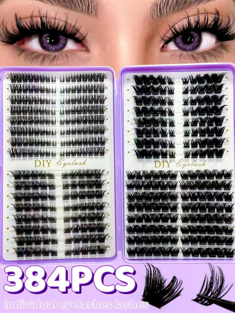 384pcs DCurl Single Cluster False Eyelashes, High Density Eyelash Book, Suitable For Beginners, Soft And Fluffy, Create Natural Makeup Look, Home DIY Segmented False Eyelashes, Long-Lasting And Dense, Convenient And Portable, Back To School Essential
