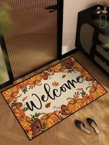1pc Pumpkin Welcome Letter Pattern Entryway Doormat, Fun Minimalist Style Short Plush Quick-Dry Non-Slip Machine Washable Door Mat, Home Decor, Soft Furnishing Decor, Suitable For Kitchen, Bathroom, Dining Room, Entrance, Party, Gathering, All Seasons, Yard Decoration - Mustard Yellow - View 2