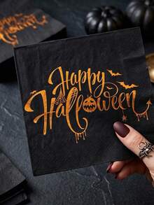 16pcs Halloween Napkins, Printed With "Happy Halloween" Gold Foil Design, Suitable For Center Decoration, Disposable Napkins, Suitable For Halloween Dinner, Holiday Party, Theme Event And Birthday Party - Multicolor - View 2