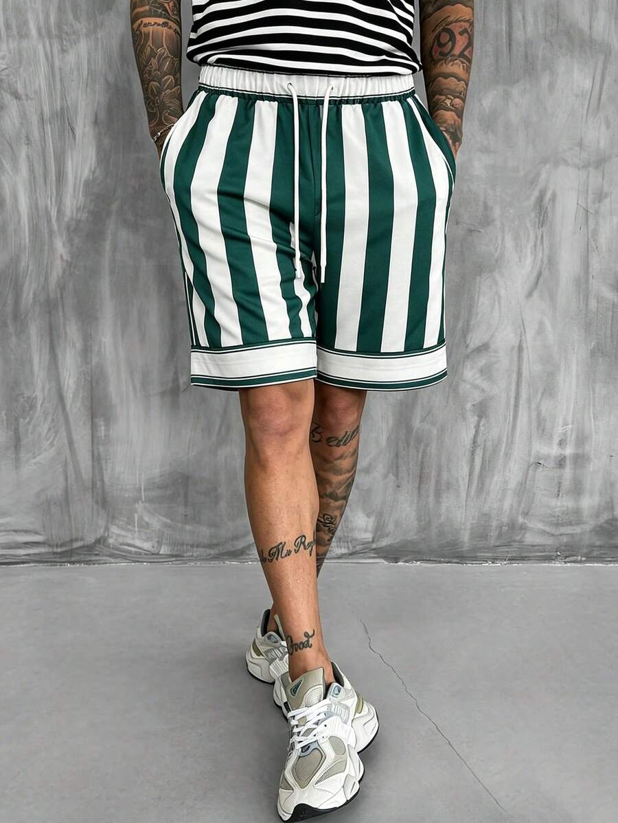 Men's Striped Drawstring Waist Casual Beach Shorts - Green - View 1