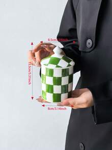 1pc Hand-Painted Checkered Ceramic Storage Jar With Lid, Multi-Color Grid Airtight Container For Kitchen Coffee, Sugar, Tea Storage, Bathroom Vanity Decor - Multicolor - View 2