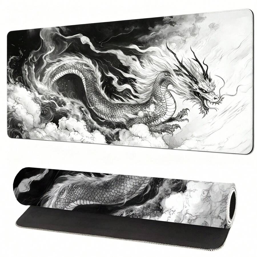 Large Gaming Mouse Pad With Cool Dragon Design, Non-Slip, Black And White Japanese Style Desk Mat - View 1