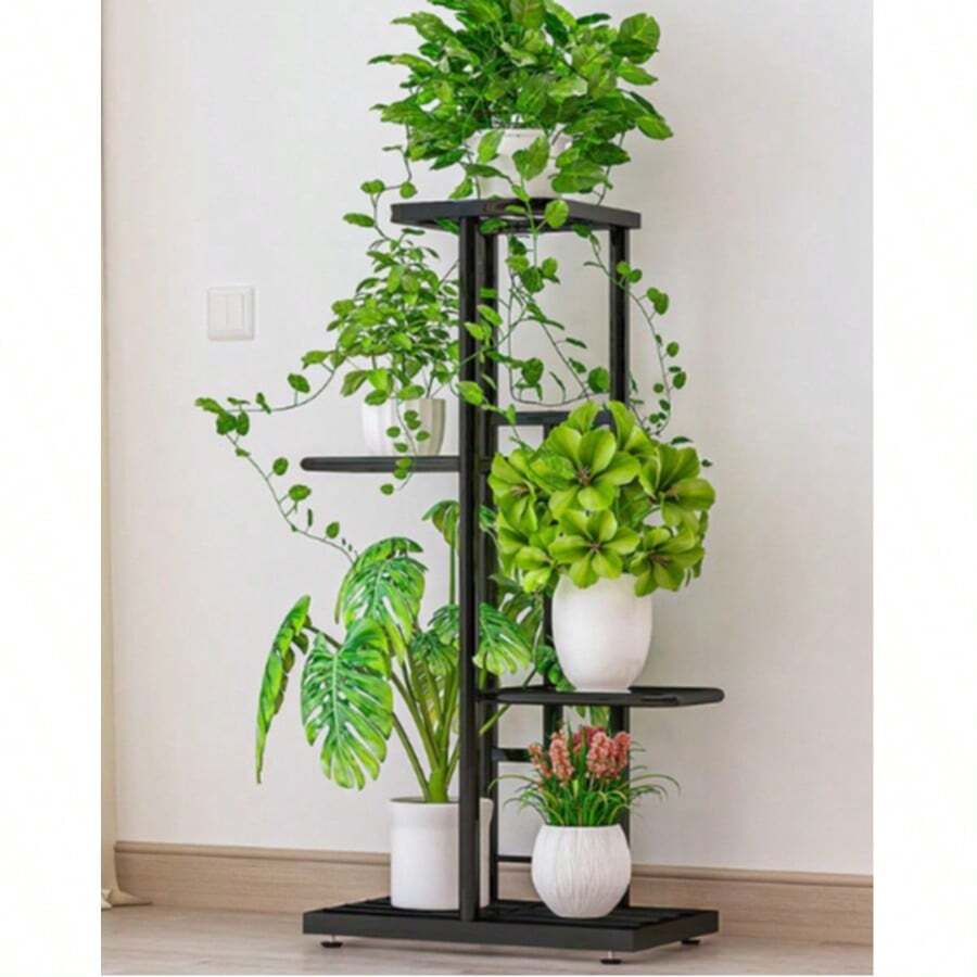 1pc Iron Flower Stand, Black, White Minimalist Fashion Plant Rack, Living Room, Balcony Decoration Shelf, 4-8 Layers Multi-Tier Storage Rack, Multi-Functional Storage Rack - Black - View 1