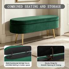 Multifunctional Storage Bench, Soft Chenille Fabric, Wooden Legs, Solid Wood Frame, 20L Storage Space, 110x40x42cm, For Bedroom, Living Room, Shoe Bench, Hallway - 墨綠色 - 查看 6