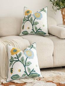 1pc Modern Pastoral Country Style Embroidered Pink Tulip Floral Soft Washable Machine Washable Decorative Pillow Case Suitable For Sofa Bedroom Living Room Home Decor - Retro Blue and Yellow Flowers - View 5