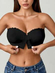 Black Strapless Non-Slip Wireless Bra, No Padding, Invisible, Sexy Versatile Front-Closure Bra, Suitable For Off-Shoulder Outfits - Black - View 1