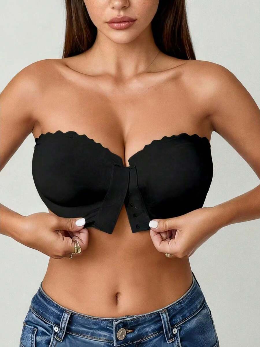 Black Strapless Non-Slip Wireless Bra, No Padding, Invisible, Sexy Versatile Front-Closure Bra, Suitable For Off-Shoulder Outfits - Black - View 1