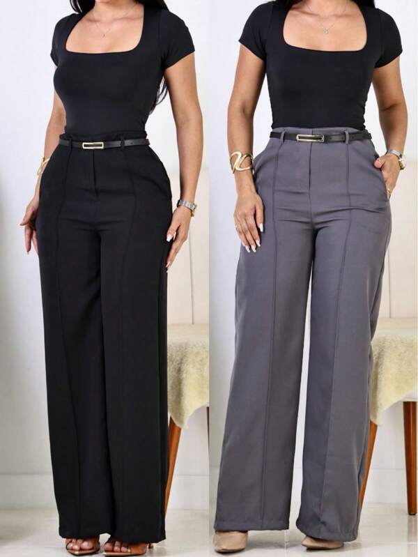 Kit 2 Calça Pantalona Alfaiataria Social Feminina Elegante C/ Cinto