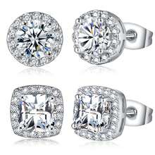 MDFUN 1/2pcs 18K White Gold Plated Round & Square Zirconia Cubic Diamond Halo Stud Earrings - Silver - View 1