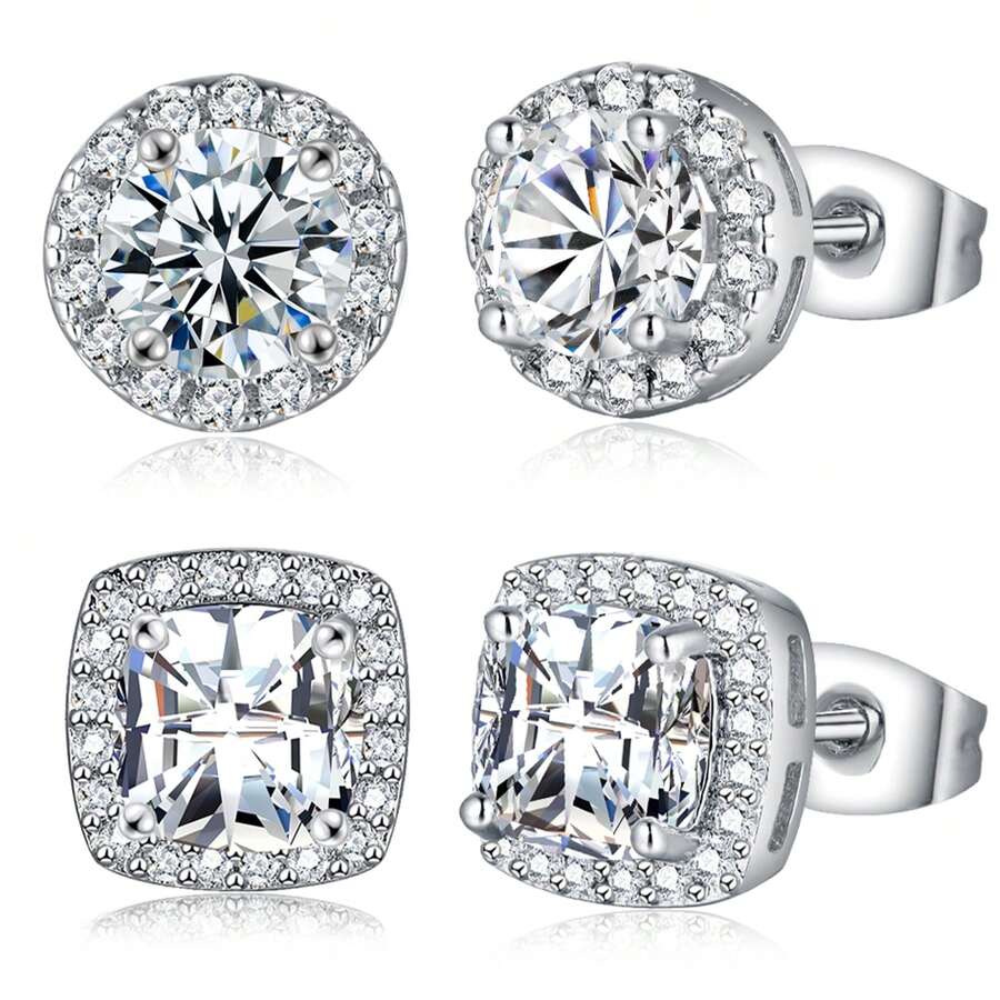 MDFUN 1/2pcs 18K White Gold Plated Round & Square Zirconia Cubic Diamond Halo Stud Earrings - Silver - View 1