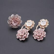Luxury Two-Tone Floral Rhinestone Jewelry Set, Pink Flower Necklace Bracelet Earrings Ring Bridal Formal Outfit Matching Set - 4-piece Set - View 8