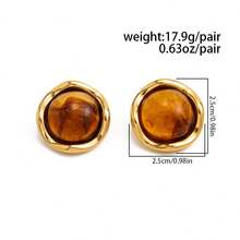 1 Pair Vintage Elegant Fashion Resin Gemstone Earrings, 18K Gold Stainless Steel Ear Studs, Suitable For Women's Daily Wear Or Party - Brown - View 7