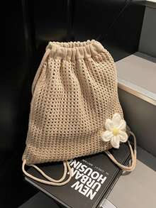 Women's Crochet Drawstring Backpack,Knit Beach Bag,Casual Boho Daypack For Summer Travel Daily Large Capacity,School Bookbag,College University Campus - Khaki - View 7
