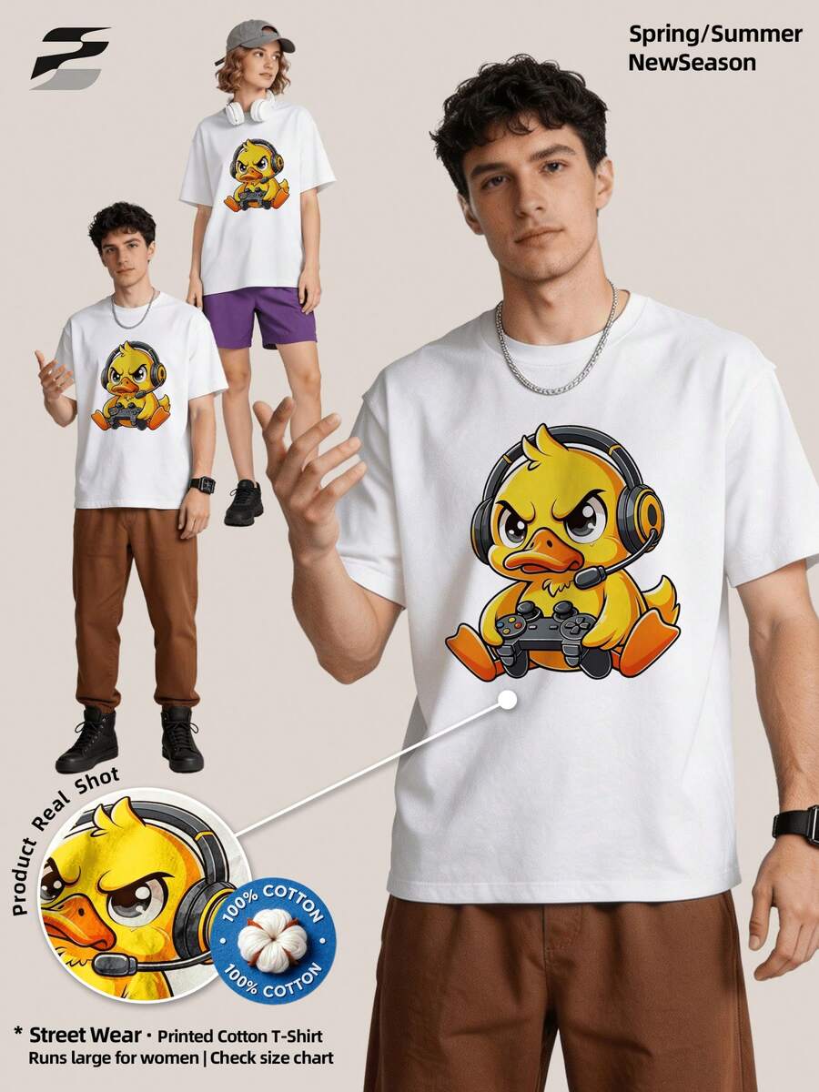 Herren Sommer Lässig Weiches Rundhals Kurzarm-Shirt,Niedlicher Gamer Ente mit Headset Controller Lebendiger Cartoon Muster Grafik Geeignet für Street Da - Weiss - Übersicht 1