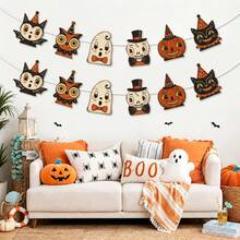 2 piezas Banderines de fiesta de Halloween con tema vintage, estilo de dibujos animados con calabaza, fantasma, gato negro, expresiones exageradas, decoración de fiesta de Halloween vintage, decoración de pared, decoración colgante para chimenea, decoración de habitación de Halloween, decoración universal para fiesta de Halloween - A - Ver 4
