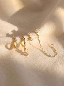 8 Pcs Dainty Gold Pearl Multi Piercing Earring Set, Tiny Pearl Chain Drop Stud , Minimal Stackable Ear Jewelry For Women Daily Party Wear - Gold - View 6
