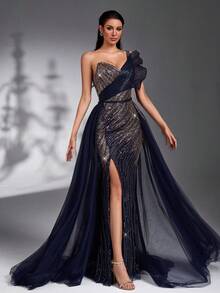 IBTRLY Elegant One-Shoulder Contrast Color Sequin Beaded Patchwork Mesh Train Formal Evening Gown For Banquet, Party, Ball (Heavy Workmanship) Wedding Fall - Blue Purple - View 7