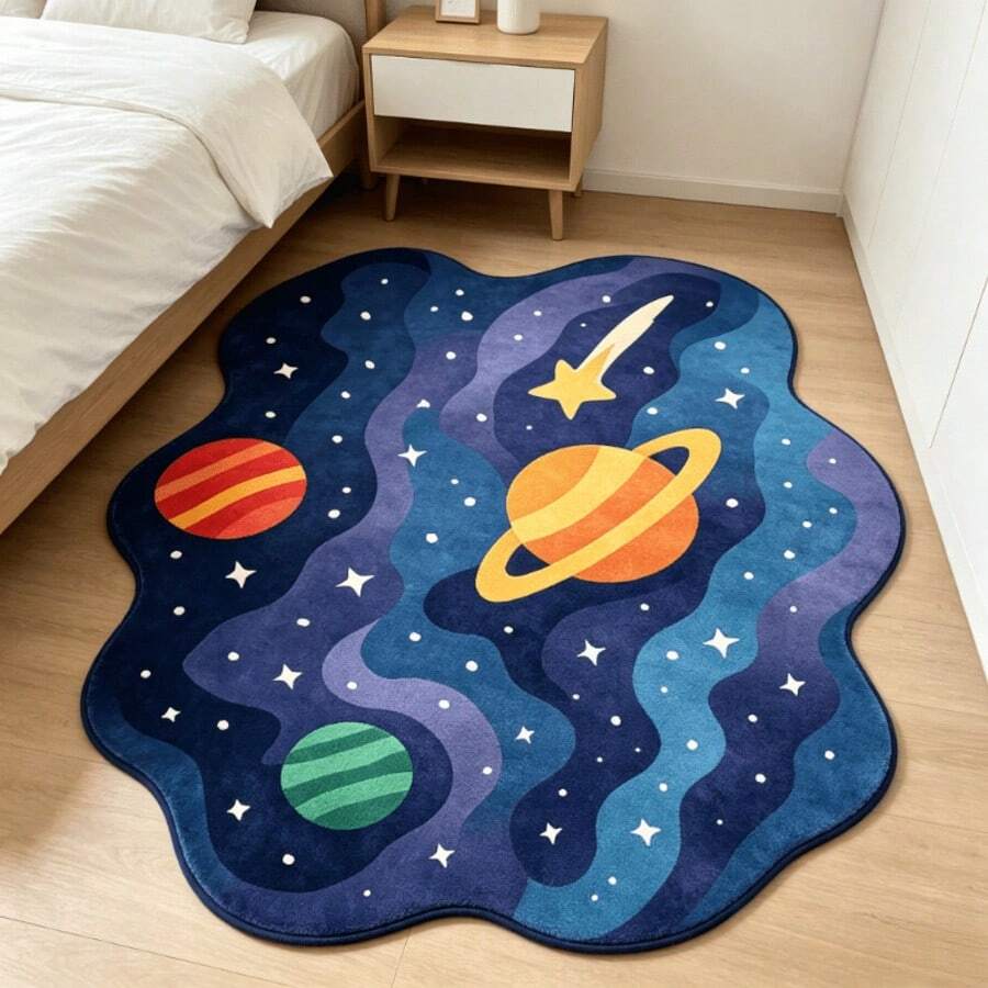 1pc-Cartoon Planet Bedroom Carpet, Short Pile Easy To Clean, Asymmetrical Bedroom Rug, Game Room Mat, Cute Home Decor Carpet - Multicolor - View 1