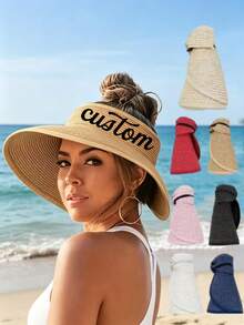Customized Beach Hat, Personalized Sun Hat, Customized Embroidered Straw Beach Hat With Bow Tie, Wide Brim Packable Sun Hat For Women, Vacation Core - Multicolor - View 5