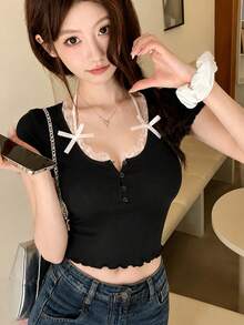 2026 Summer New Sweet Solid Color 3D Floral Hollow Sexy Knit Short Sleeve Top, Girly Ruffled Hem Cropped Cardigan Black - Black - View 3