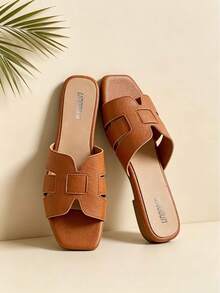 Women's Brown Cross Strap Flat Sandals, Flat Square Toe, Open Toe, Slip-On, Brown Spring/Summer New Style, Versatile, Brown Sandals, Women's Flat Square Toe Sandals, Casual, Summer, Open Toe Slippers, Slippers, Women's Slippers, Summer Slippers, Women's Sandals, Women's Summer Sandals - Brown - View 4
