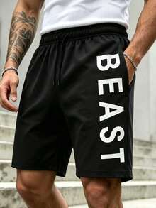 男士軟針織字母印花運動運動短褲，彈性抽繩腰頭 BEAST 垂直圖案膝蓋長度短褲，適合健身跑步街頭日常穿搭 - 黑色 - 查看 1