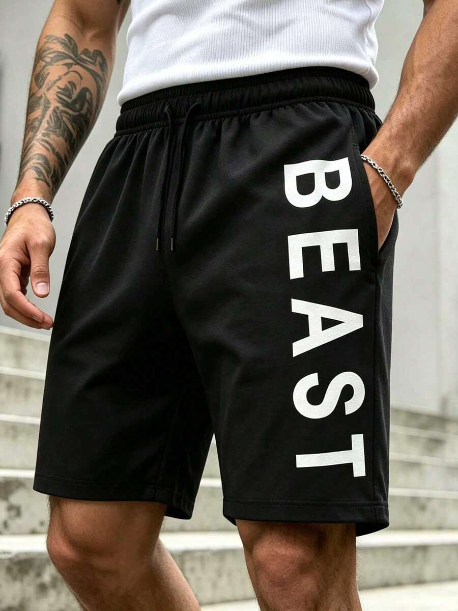 男士軟針織字母印花運動運動短褲,彈性抽繩腰頭 BEAST 垂直圖案膝蓋長度短褲,適合健身跑步街頭日常穿搭 - 黑色 - 查看 1