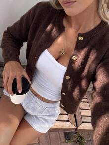 Women's Casual Cute Y2K Gold Button Long Sleeve Knit Cardigan Sweater , French Style Autumn/Winter Outing Back To School Date Commute Brown - Brown - View 6