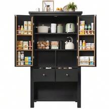 Kitchen Cabinet (80 X 40 X 140 Cm), Tall Sideboard, Multifunctional Sideboard, Storage Unit With Two Doors And Five Drawers, Black And White - 黑色 - 查看 10