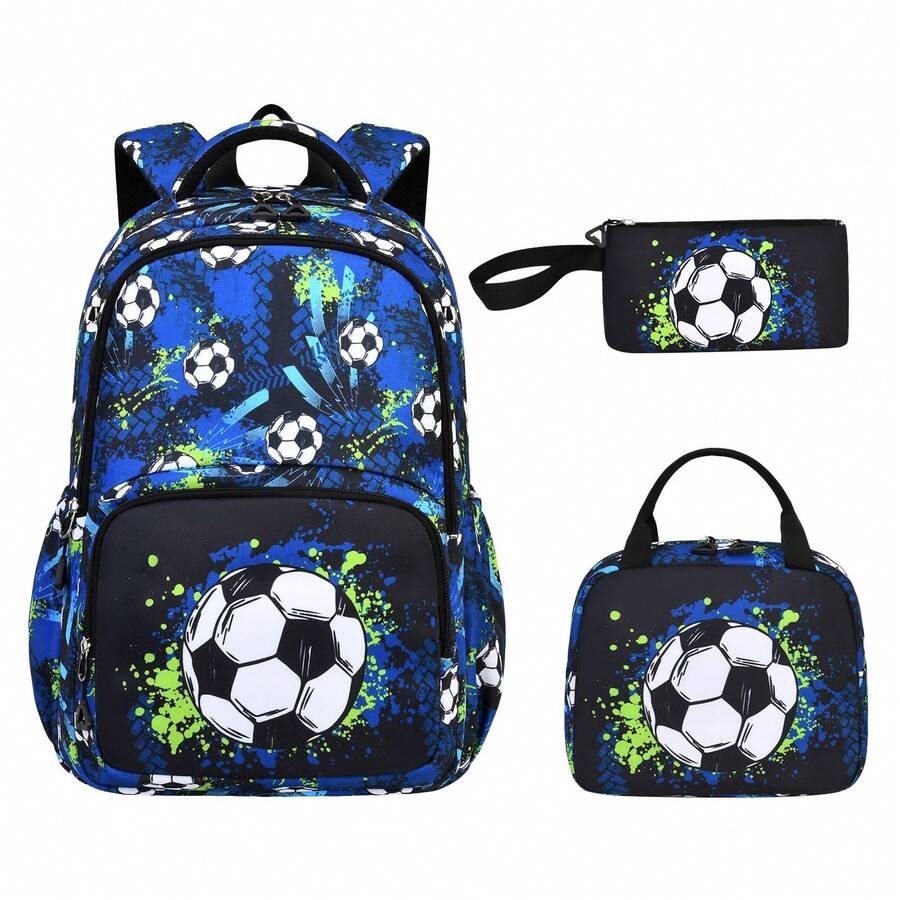 3pcs Men's Backpack + Tote Bag + Small Pouch Set, Cool Football Print, Double Zipper Closure Large Capacity Backpack, Suitable For School, Travel, Beach, Camping, Daily Commute - Three Piece Set - View 1