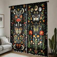 2pcs Bohemian Vintage Moon Phase Butterfly Mushroom Pattern Printed Semi-Sheer Curtains, 90GSM Polyester Semi-Sheer Privacy Protection, Easy Installation, Quick Dry, Washable, Non-Fading, Lightweight Removable Curtains, Suitable For Home, Room, Kitchen And Other Partitions Or Decoration - Multicolor - View 8