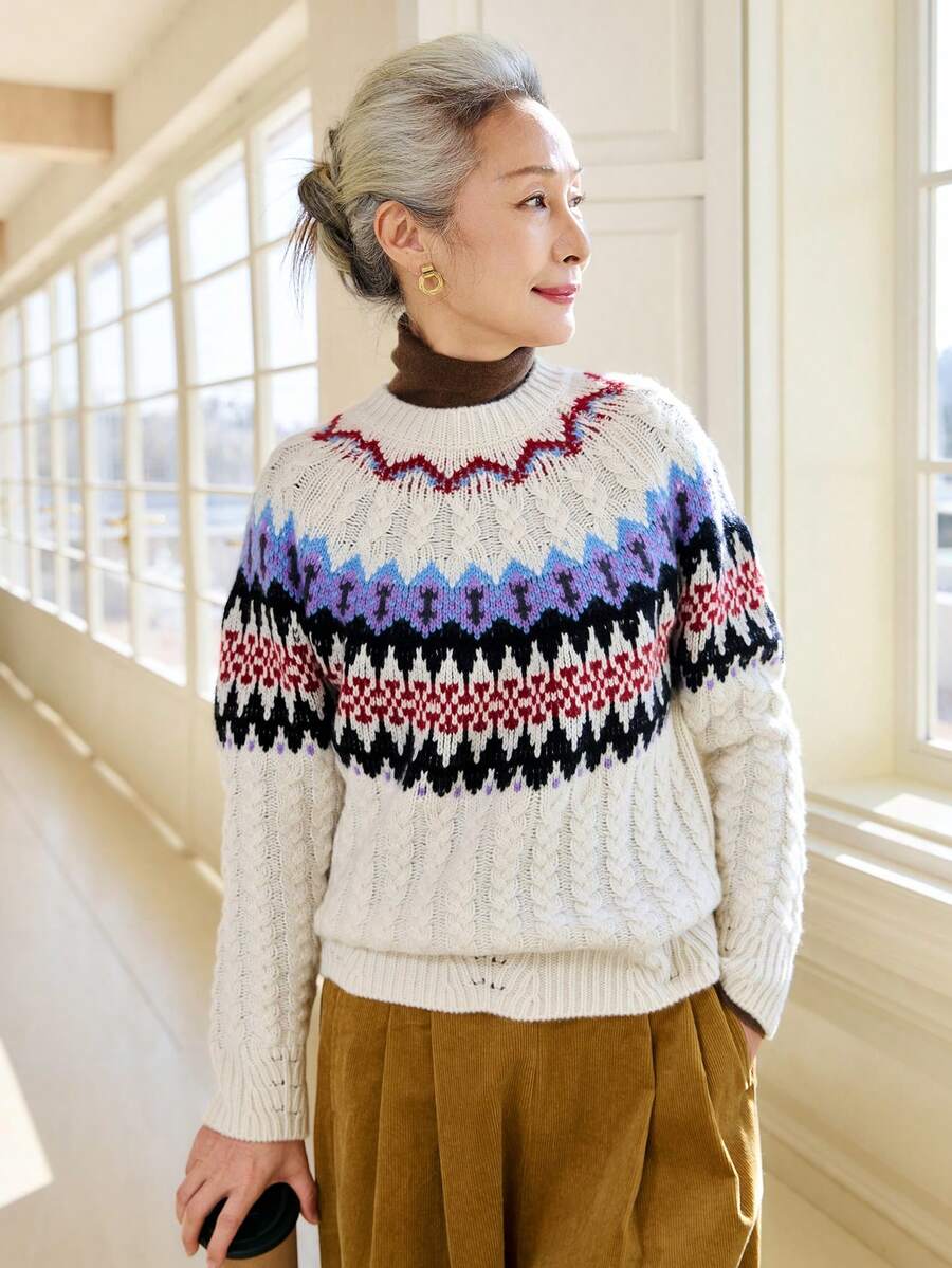 女款時尚費爾島羊毛毛衣,舒適麻花編織套頭衫,適合萬聖節、感恩節、聖誕節節日穿搭 - 白色 - 查看 1