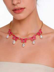 1pc Summer Fashion Bohemian Style Hand-Painted Enamel Baroque Asymmetrical Faux Pearl Pendant Necklace, Women's, Suitable For Beach Vacation, Travel, Party And Daily Decoration - Gold - View 2