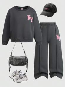 2pcs/Set Young Girl Casual Sports Style Fashion Minimalist Letter Print Ribbed Crew Neck Long Sleeve Thermal Lined Warm Sweatshirt And Elastic Waist Wide Leg Pants Set, Autumn/Winter College Style Suitable For Daily Outdoor Sports Wear - Grey - View 2