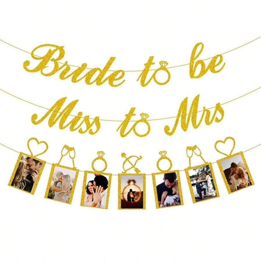 Rangkaian Bingkai Foto Pertunangan, Banner Gantung dengan Bingkai untuk Dekorasi Pesta Pernikahan, Perlengkapan Photo Booth & Latar Belakang Dinding - Set Banner Foto Emas - View 1