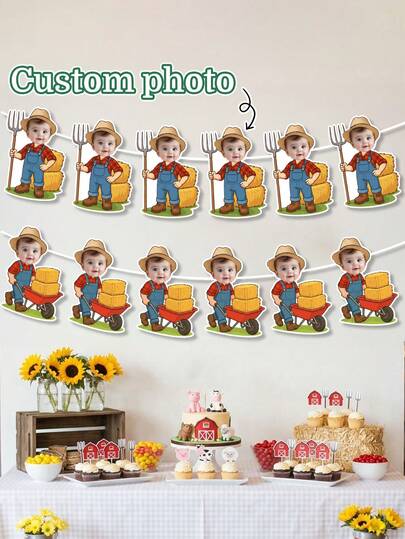 Custom Kid Face Farm Banner,Little Farmer Cutout Garland,Rustic Barnyard Hay Bale,Baby 1st Birthday Bunting,Barnyard Decor,Baby Shower,Gender Reveal