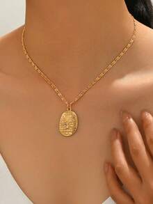 1pc Fashionable Personalized Geometric Engraved Tree Of Life Square Pendant Chain Necklace, Suitable For Women's Daily Commute And Party Wear - Gold - View 4