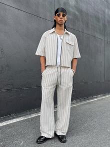 HOMIIE Men's Cropped Striped 2 Pieces Outfit, Cotton Blend Full Zip Shirt & Wide Leg Drawstring Pants, Streetwear For Spring Autumn,Halloween Christmas - Multicolor - View 5