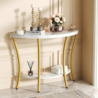 39.4" Modern Narrow Console Table with Curved Metal Frames & Half-Moon Shelves - 2-Tier Entryway Sofa Table Suitable for Hallway, Living Room, Foyer, White Marble Top & Golden, Engineered Wood/MDF, Assembly Required