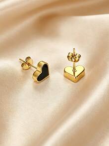 MONALLY Europäischer und amerikanischer Luxus 18K vergoldete Edelstahl schwarze Herz Ohrstecker, Nischendesign, vielseitiges Pendler-Accessoire, Geschenk für Frauen - Liebe Ohrringe - Übersicht 3