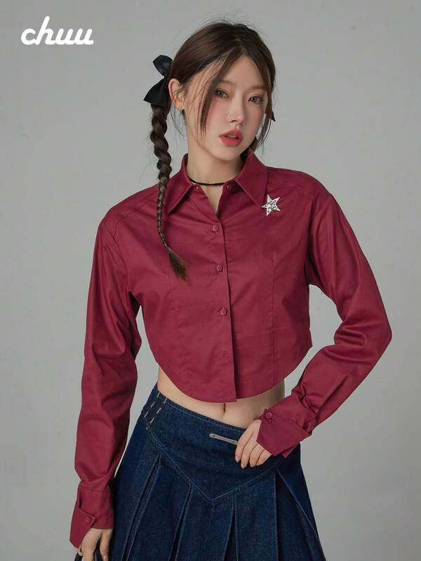 CHUU Star Embroidered Shirt Women's Autumn Hot Girl Style Asymmetrical Hem Solid Color Top