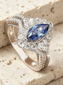 Anillo de plata de ley S925 plateado para damas, hermoso anillo de compromiso elegante y brillante de alta calidad con diseño de ojo de caballo, adecuado para decoración de novia de boda, - Celeste - Ver 2