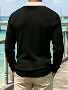 New Men's Color-Block Premium Striped Polo Collar Long Sleeve Top - Black - View 8