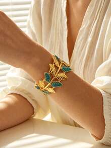 VceTd 1pc Romantic Style Colorful Enamel Leaf Design Stainless Steel Open Bangle Bracelet For Women, Suitable For Weddings, Travel, Or As A Valentine's Day Gift For Your Loved One - Yellow Gold - View 4