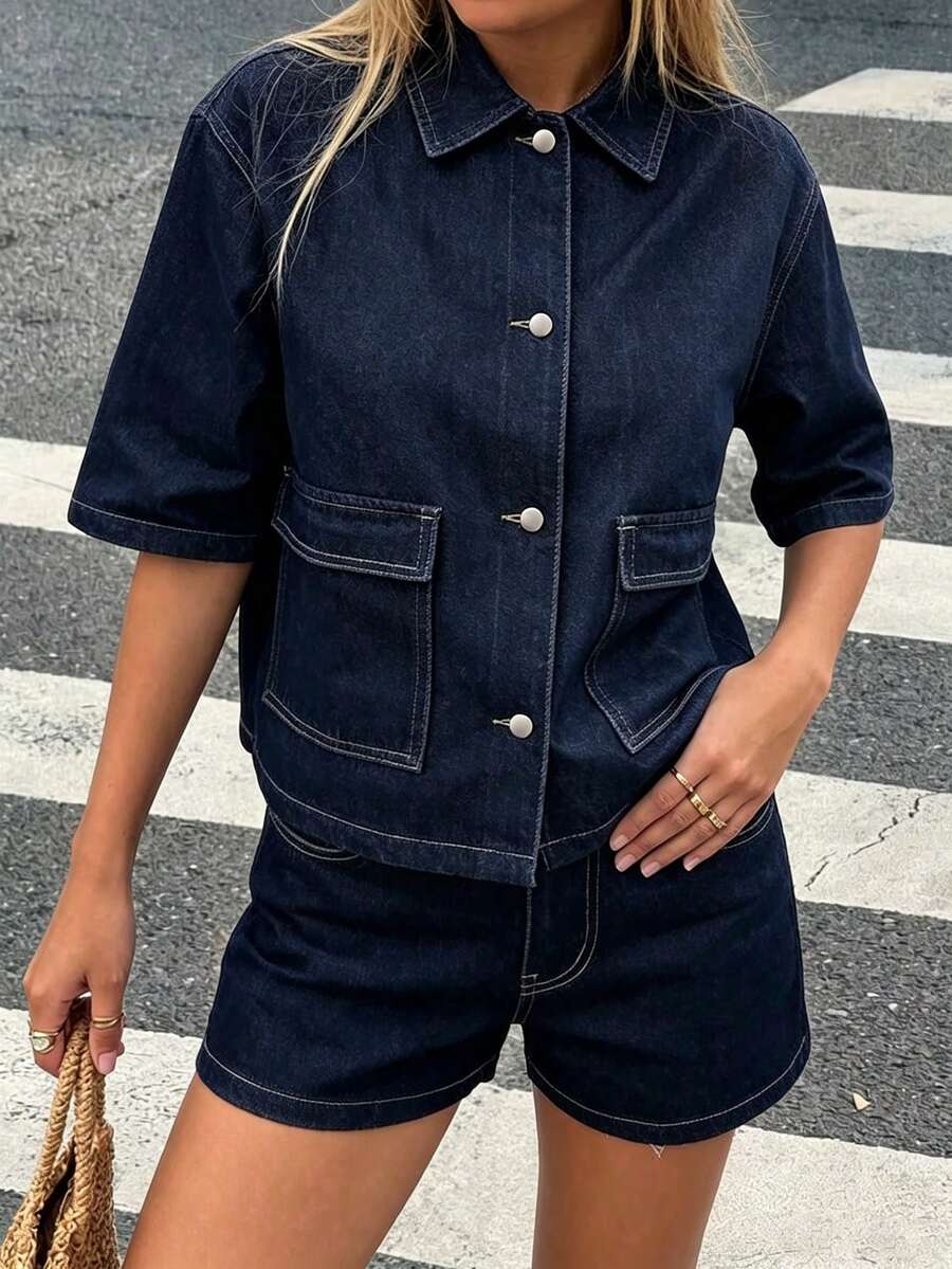 女士复古水洗经典百搭牛仔两件套,优雅休闲短袖上衣和短裤夏季套装 - 深色水洗藍 - 查看 1
