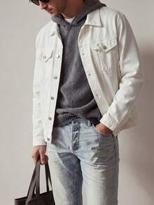 Men's Pure White Turn-Down Collar Pocket Denim Jacket Basic Casual Denim Outerwear - White - View 2