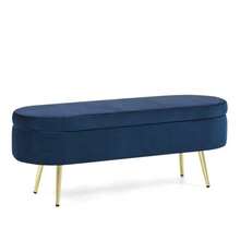 Multifunctional Storage Bench, Soft Chenille Fabric, Wooden Legs, Solid Wood Frame, 20L Storage Space, 110x40x42cm, For Bedroom, Living Room, Shoe Bench, Hallway - 寶藍色 - 查看 1