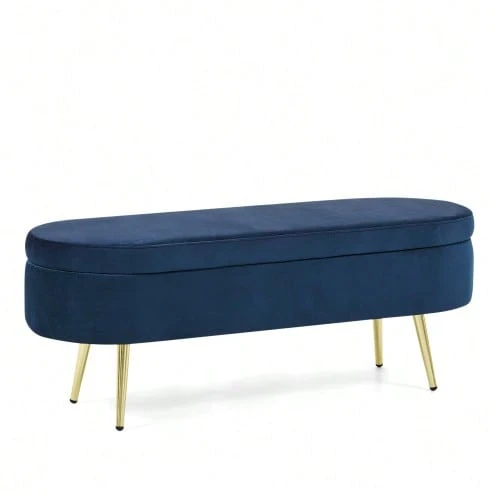 Multifunctional Storage Bench, Soft Chenille Fabric, Wooden Legs, Solid Wood Frame, 20L Storage Space, 110x40x42cm, For Bedroom, Living Room, Shoe Bench, Hallway - 寶藍色 - 查看 1