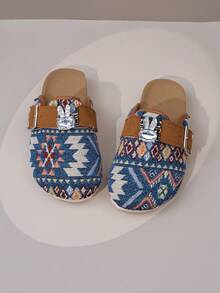 1 par de zapatillas tipo mule para niña de tela jacquard con decoración de conejo de strass y hebilla metálica, suela blanda de corcho, fondo suave antideslizante, punta redonda, caña baja, correa ajustable con hebilla metálica, tacón plano, fondo plano, estilo vintage casual, punta cerrada, para casa, uso diario y vuelta al cole - Azul - Ver 6